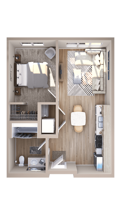 Floor plan for 1 bed, 1 bath, 590 sqft